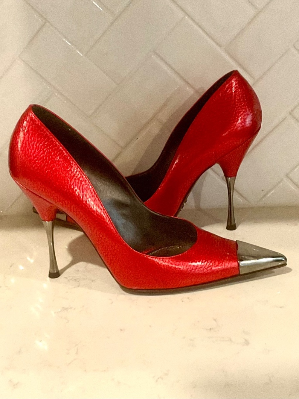 Dolce & Gabbana Patent Red Metalic Heels Silver Chrome Cap Toe Heels, 39.5 (9.5)